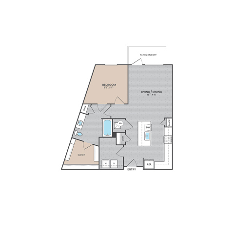 Floor plan for 1 bed, 1 bath, 812 sqft